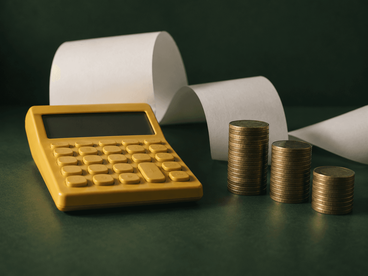 A yellow calculator, a curl of receipt paper and three stacks of coins on a green surface
