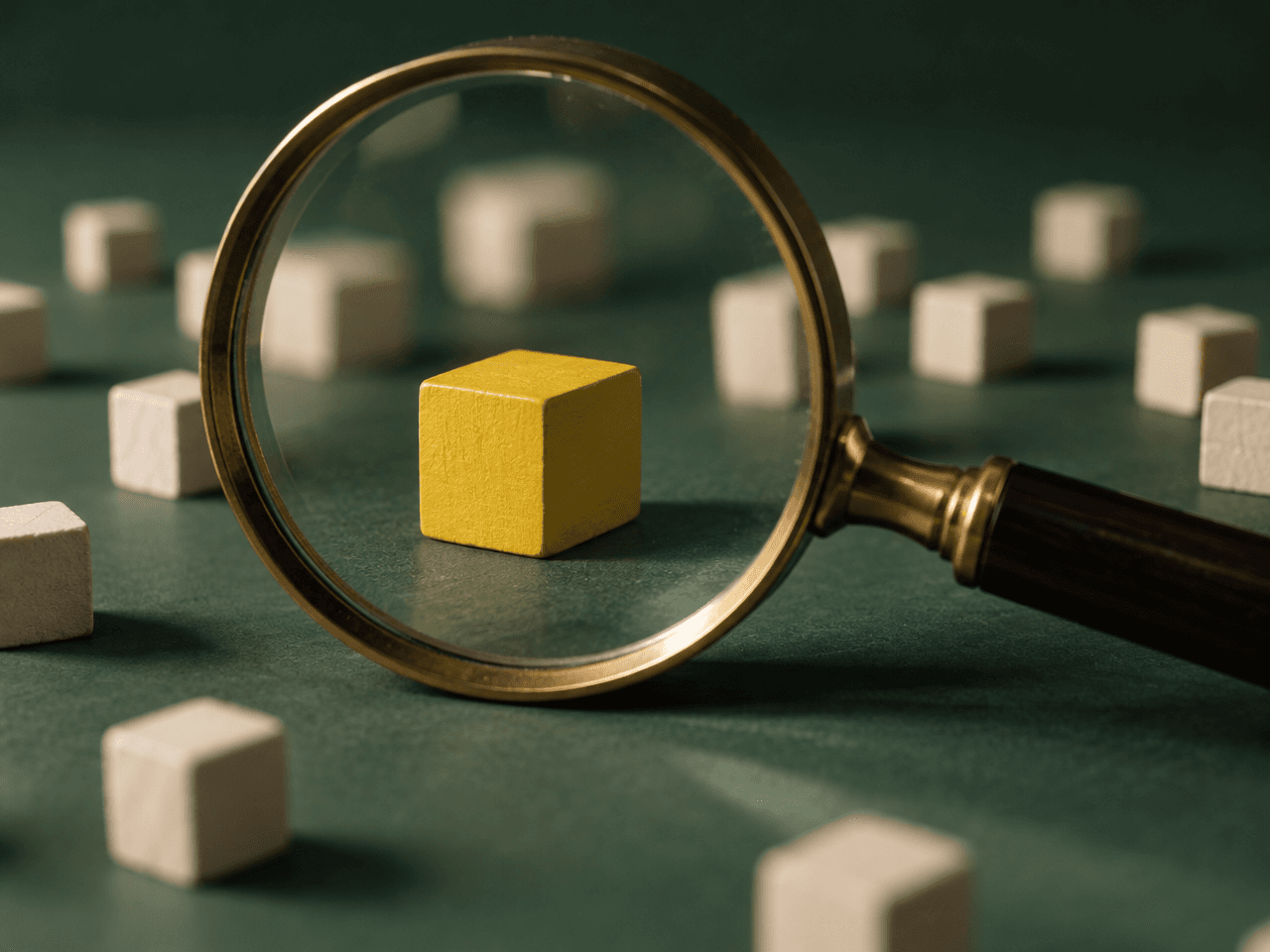 A magnifying glass picking out one yellow cube among many plain ones