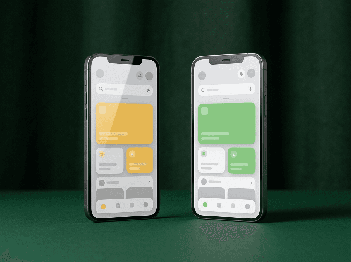 Two phones side by side showing the same app layout, one in yellow and one in green