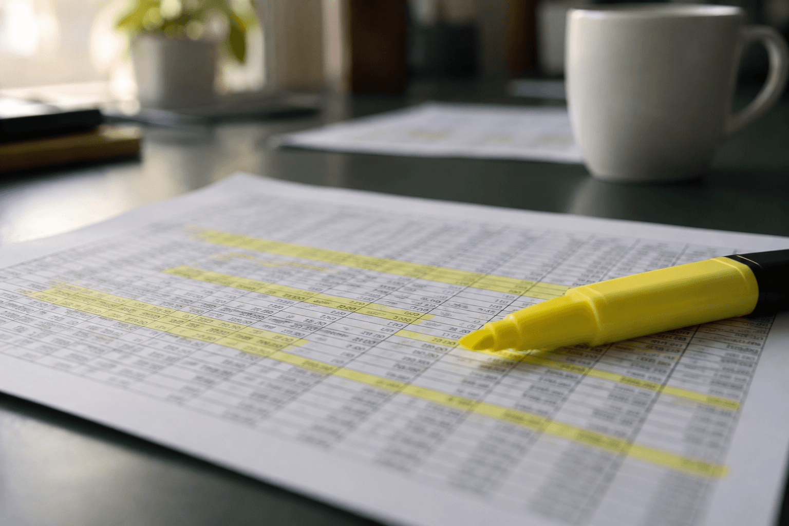 A printed spreadsheet with rows marked in yellow, and a highlighter lying across it
