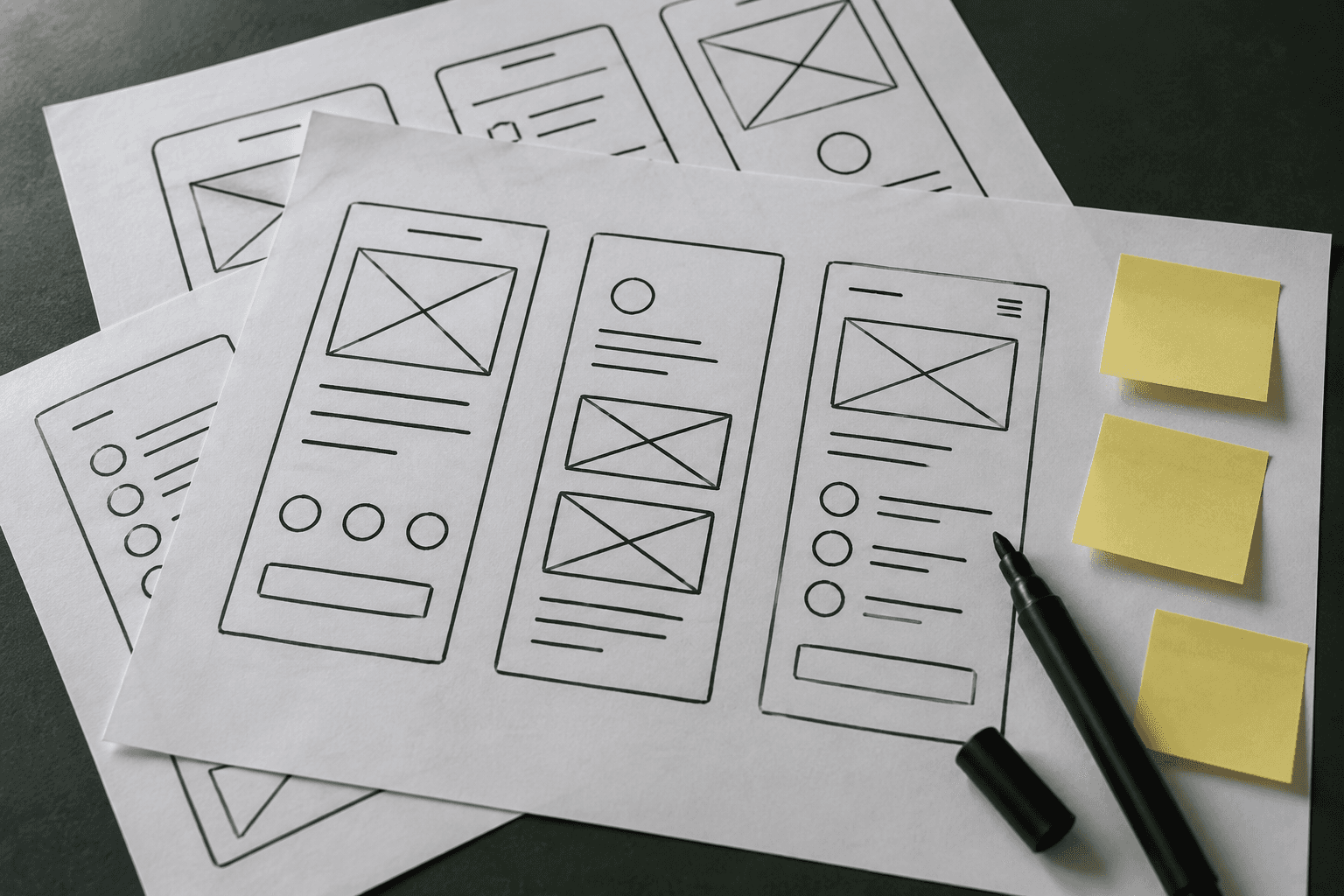Marker sketches of app screens on sheets of paper, with a marker and yellow sticky notes